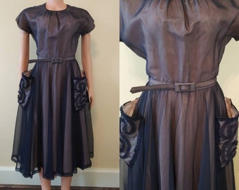 Vintage 1950’s blue organza dress / fifties formal / 28 waist