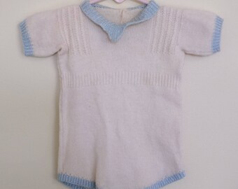 Vintage 1960's blue and white knit romper / 0-3 months