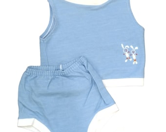 Vintage 1970's Carter's blue embroidered bunny outfit / 12 months