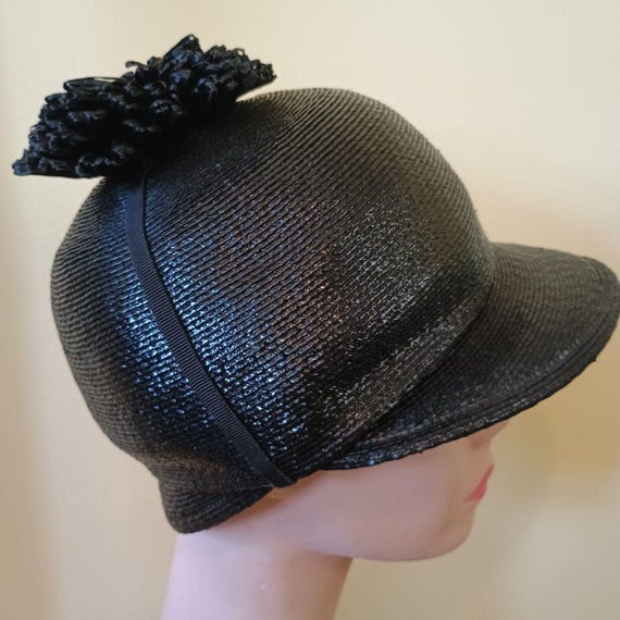 Vintage 1960s Mr Almo Black Straw Jockey Style Hat With Pom  display picture 3