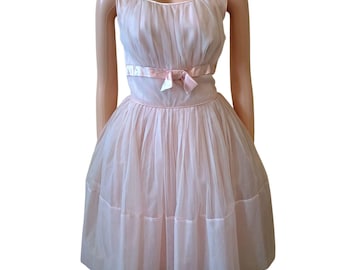 Vintage 1950s Pink Chiffon Party Dress Fit And Flare 26 Waist