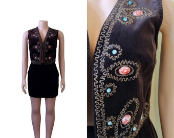 Vintage 1960's Brookshire brown velvet beaded vest with skirt /Small