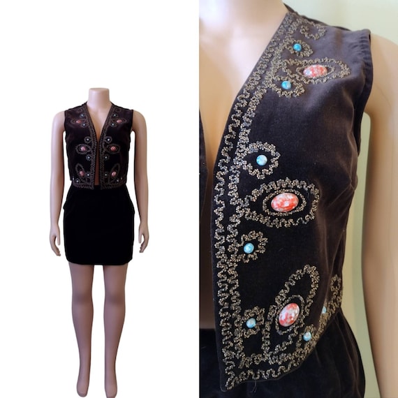 Vintage 1960's Brookshire brown velvet beaded ves… - image 1