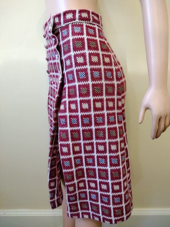 Vintage 1970's knit checkered burgundy skirt with… - image 3