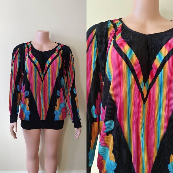 Vintage 1980's Virginie boutique graphic blouse / eighties hot pink black accordian top / large xl