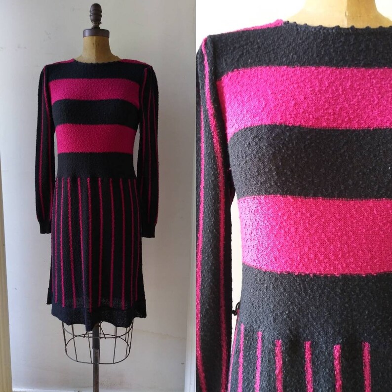 Vintage 1980/'s Wyndcliff sweater dress eighties hot pink and black striped dress medium
