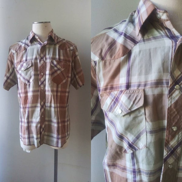 Vintage Men's Wrangler Western 1970's button up / seventies cowboy plaid autumn fall colors shirt / large