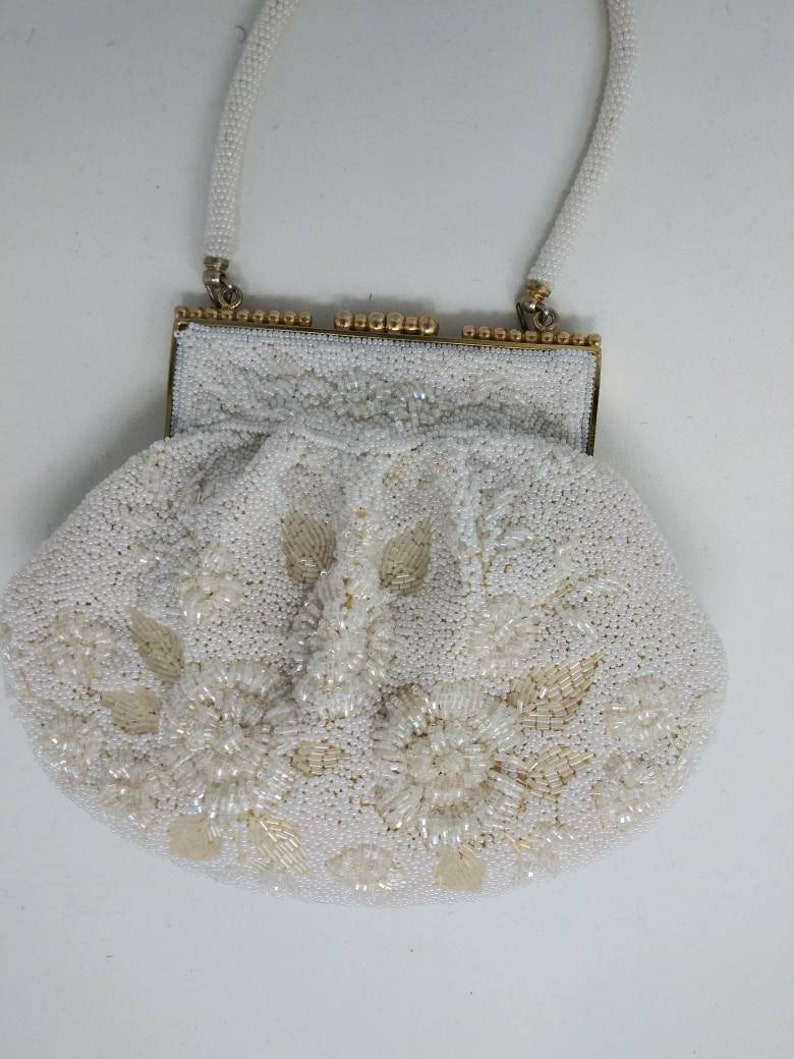 Vintage 1950/'s white beaded handbag fifties purse made in Korea