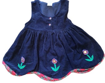 Vintage toddler navy corduroy sleeveless floral applique dress 18 month