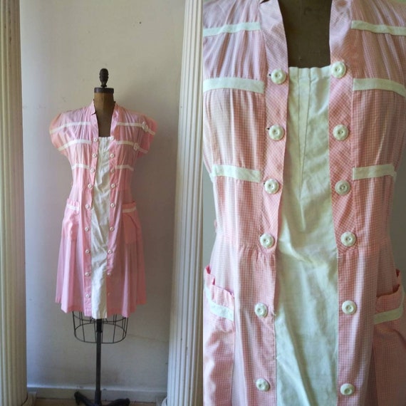 Vintage 1950's pink gingham house dress / fifties