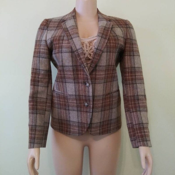 Vintage 1970's Sachel designer brown plaid wool blazer / seventies neutral tone jacket /size 8