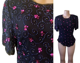 Vintage 1980's Papell Boutique black silk beaded floral blouse / medium