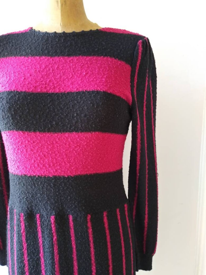 Vintage 1980/'s Wyndcliff sweater dress eighties hot pink and black striped dress medium