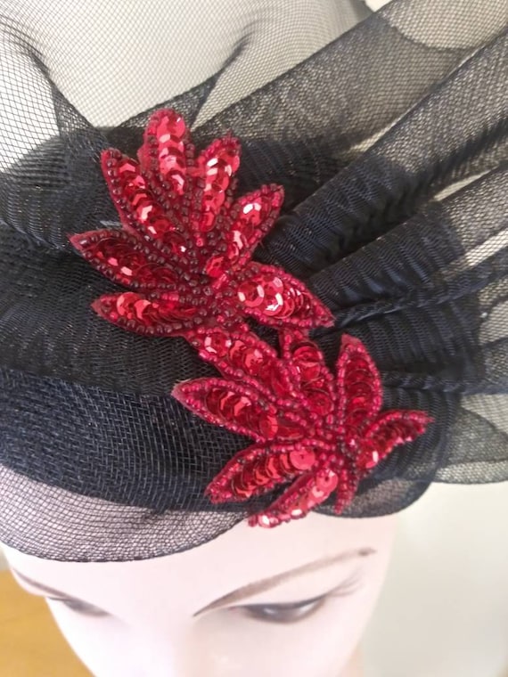 Elizabeth Hawkins Feather Pillbox Hat Womens OS Black Rhinestone Vintage Formal Feather Pillbox Black Vintage Hats for Women for sale | eBay main image 4