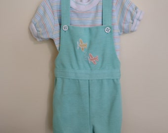 Vintage 1980's toddler Health-Tex green shortalls outfit with plane 24 months