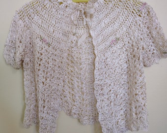 Vintage crochet baby bolero shrug bed jacket with embroidered roses 0-3 months