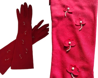 Vintage Kayser long red gloves with matching flowers and pearls/ size 6.5