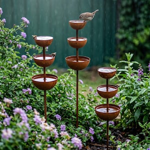 Peut inclure: Trois fontaines de jardin à étages en métal rouillé, chacune composée d'une fine tige verticale supportant plusieurs bassins en forme de bol remplis d'eau. Un petit oiseau brun est perché sur le bassin supérieur de la structure centrale.