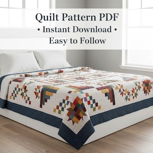 Peut inclure: Une courtepointe faite à la main avec un motif géométrique de différentes couleurs, dont le rouge, le bleu, le jaune et le vert, est présentée sur un lit. La courtepointe a un fond blanc avec une bordure bleu foncé. Le texte sur l'image indique : Quilt Pattern PDF, Instant Download, Easy to Follow.