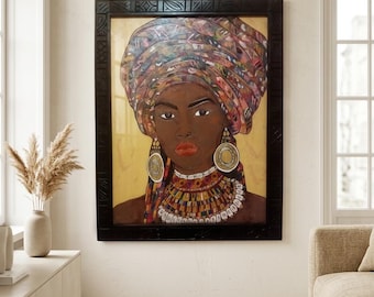 African Queen Portrait, Original Pyrography Leather Art, Hand-Burned Wall Decor, Black Woman Painting, Carved Wood Frame, Tribal Beaded Art