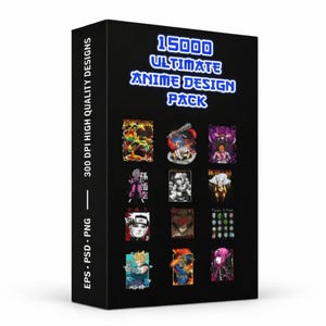Pode incluir: Uma caixa preta com o texto "15000 ULTIMATE ANIME DESIGN PACK" em branco e azul. A caixa exibe vários designs de personagens de anime. O texto "300 DPI HIGH QUALITY DESIGNS" e "EPS - PSD - PNG" também são visíveis.