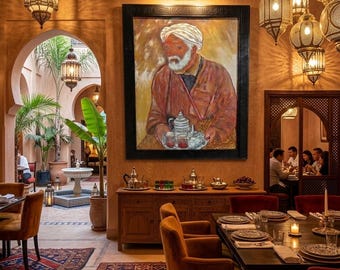 Moroccan Tea Man Portrait, Original Pyrography Leather Art, Hand-Burned Wall Decor, Traditional Culture Painting, Carved Wood Frame, Ethnic