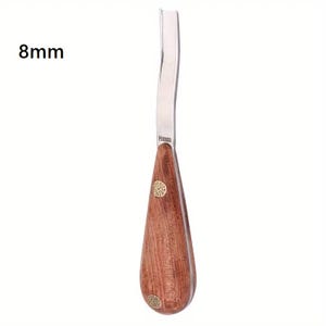 May include: A wood carving tool with an 8mm blade. The tool features a curved, stainless steel blade and a teardrop-shaped wooden handle. The handle is a rich brown color and is adorned with two decorative brass accents.