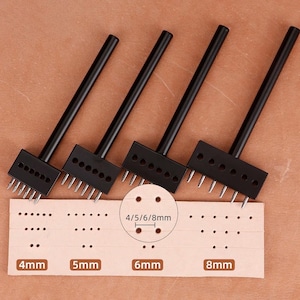 May include: Four black leather hole punch tools with varying prong counts are displayed above a leather swatch. The swatch is labeled with hole sizes: 4mm, 5mm, 6mm, and 8mm. A diagram shows the hole size measurements.
