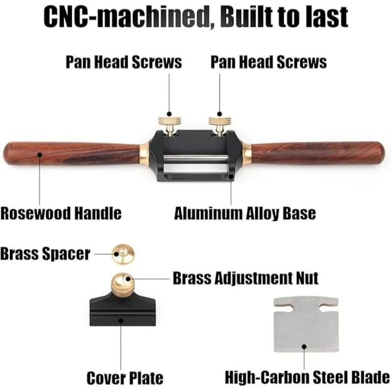 May include: A woodworking spoke shave tool featuring a black aluminum alloy base, two rosewood handles, and pan head screws. The image includes labels for a brass spacer, brass adjustment nut, cover plate, and a high-carbon steel blade.