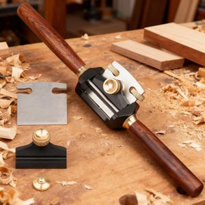 May include: A woodworking spokeshave tool featuring a black metal body, two polished dark wood handles, and brass adjustment knobs. The set includes a separate metal blade, a black metal blade holder, and a small brass screw component.