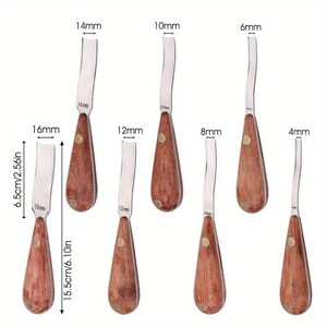 May include: A set of six wood carving gouges with wooden handles and metal blades. Each tool is labeled with its width: 4mm, 6mm, 8mm, 10mm, 12mm, 14mm, and 16mm. The total length of each tool is 6.10 inches, with a blade length of 2.56 inches.