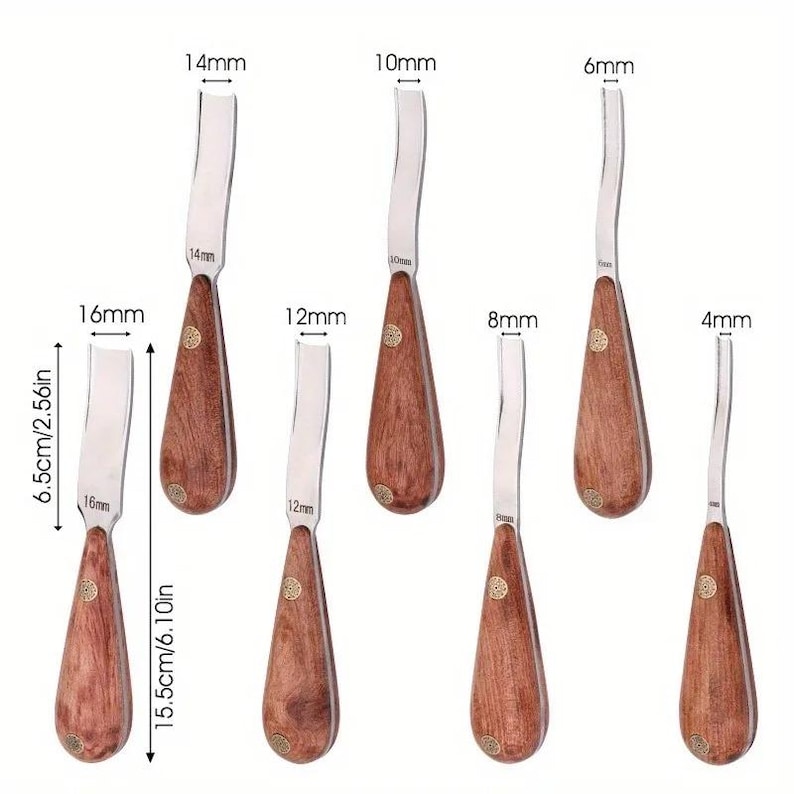 May include: A set of six wood carving gouges with wooden handles and metal blades. Each tool is labeled with its width: 4mm, 6mm, 8mm, 10mm, 12mm, 14mm, and 16mm. The total length of each tool is 6.10 inches, with a blade length of 2.56 inches.