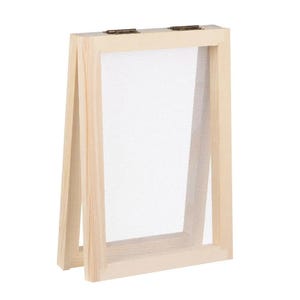May include: A light-colored wooden frame with a fine mesh screen, held open by a hinged support. The frame is rectangular with a natural wood finish and visible wood grain. The mesh is white and tightly woven.