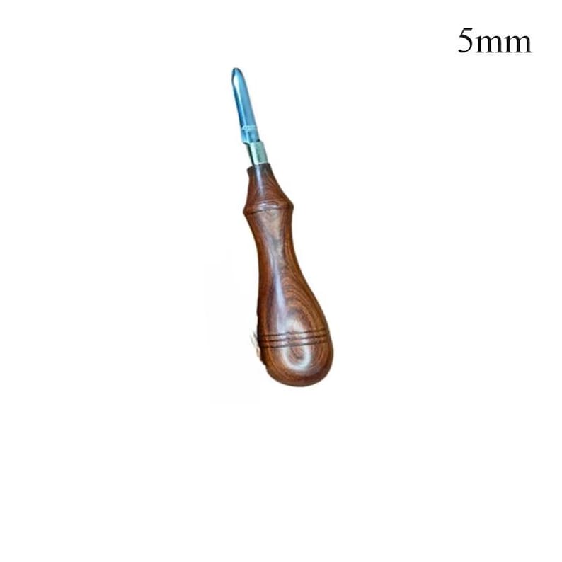 May include: A leathercraft tool with a polished wooden handle and a silver-colored blade. The handle is a dark brown color and has a curved shape. The blade is 5mm in length. The tool is designed for leatherworking.