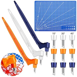 May include: Three craft swivel knives in orange, white, and dark blue, each with a sharp metal blade. Includes a blue self-healing cutting mat with grid markings and nine replacement blade tips in white, orange, and blue, labeled 15, 30, and 45 degrees.