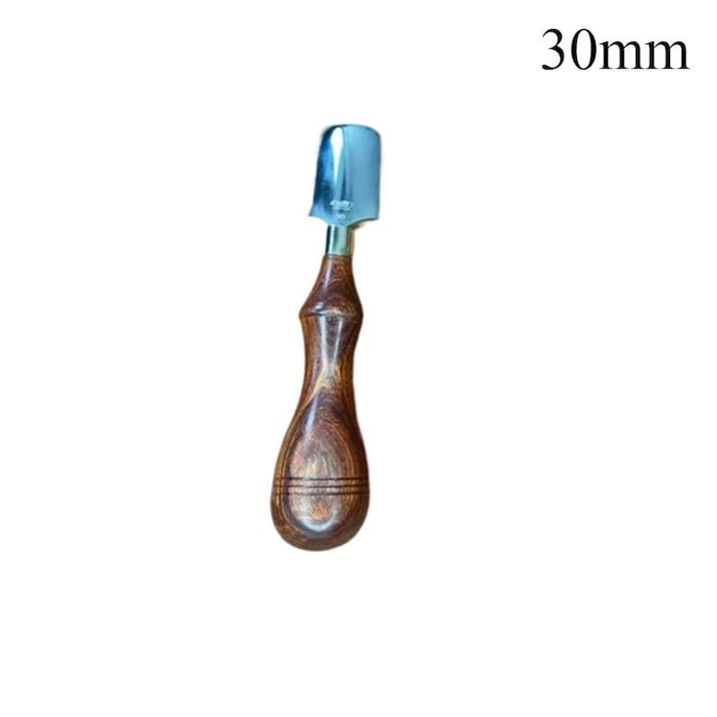 May include: A wood-handled tool with a metal blade, measuring 30mm. The handle is a dark brown color with a curved design and a polished finish. The metal blade is silver and has a rounded shape.