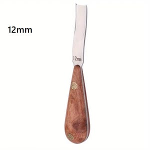 May include: A wood carving gouge featuring a curved metal blade with the text 12mm engraved on the steel. The tool has a teardrop-shaped wooden handle with two decorative circular brass rivets. The text 12mm is also displayed to the left.