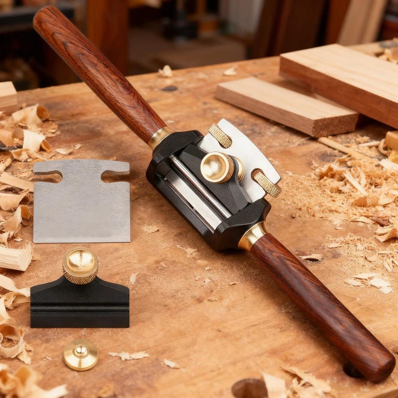 May include: A woodworking spokeshave tool featuring a black metal body, two polished dark wood handles, and brass adjustment knobs. The set includes a separate metal blade, a black metal blade holder, and a small brass screw component.