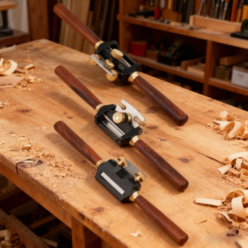May include: Three woodworking spokeshaves arranged diagonally, each featuring dark brown wooden handles, a black metal body, and brass adjustment knobs. The tools have sharp steel blades and are designed for shaping and smoothing wood surfaces.