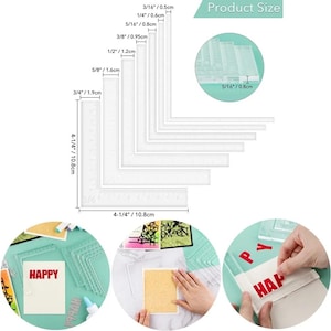 Op de afbeelding: Een set van zeven doorzichtige L-vormige acryl linialen met gedrukte maataanduidingen van 0,5 cm tot 1,9 cm. De linialen hebben een buitenafmeting van 10,8 cm bij 10,8 cm en worden gebruikt voor het uitlijnen van letters en papierwerk.