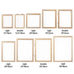 May include: A collection of light-colored wooden frames in various rectangular and square sizes, including single and double-hinged designs. Text labels indicate dimensions in centimeters, such as 15x18cm, 20x20cm, 19x25cm, 20x30cm, 25x34cm, and 30x40cm.