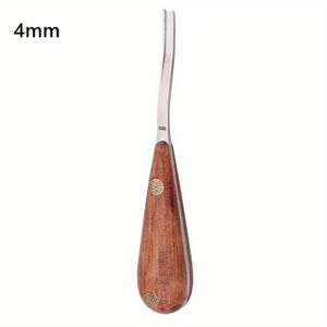 May include: A wood carving gouge with a curved, stainless steel blade and a teardrop-shaped wooden handle. The handle is adorned with two small, circular brass accents. The text "4mm" is printed on the image, indicating the blade width.