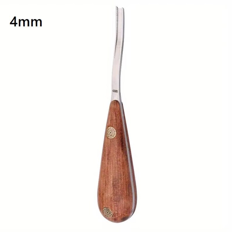 May include: A wood carving gouge with a curved, stainless steel blade and a teardrop-shaped wooden handle. The handle is adorned with two small, circular brass accents. The text "4mm" is printed on the image, indicating the blade width.