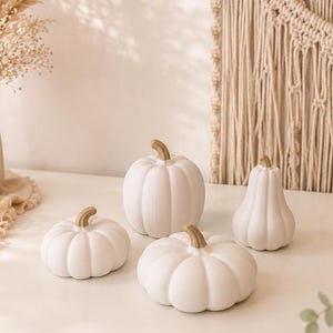 May include: A set of four white decorative pumpkins with smooth surfaces and light brown stems. The collection includes three round, ribbed pumpkins of varying sizes and one taller, pear-shaped gourd, all arranged together on a flat surface.