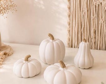 May include: A set of four white decorative pumpkins with smooth surfaces and light brown stems. The collection includes three round, ribbed pumpkins of varying sizes and one taller, pear-shaped gourd, all arranged together on a flat surface.
