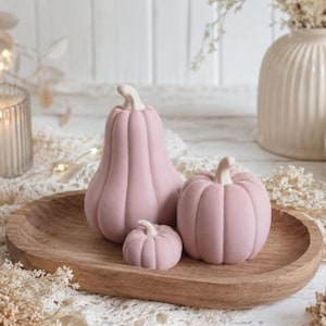 Può includere: Tre zucche decorative color rosa polvere opaco di dimensioni variabili disposte su un vassoio ovale in legno. Le zucche presentano scanalature verticali e piccioli chiari. Il testo "Hintergrund KI generiert. Produkt unverändert." è visibile in basso.