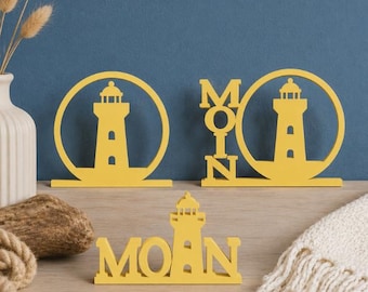 Archivo de impresión 3D STL para un stand con la inscripción "Moin" (Hola) y un motivo de faro, declaración marítima, idea de regalo junto al mar.