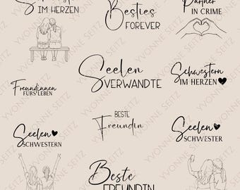 May include: A selection of black script text designs on a beige background. Phrases include "Besties Forever", "Partner in Crime", and "Best Friend". Some designs feature line drawings of people.