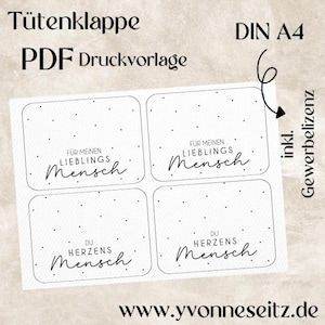 Könnte beinhalten: Ein weißes Blatt Papier mit vier rechteckigen Etiketten, jedes mit abgerundeten Ecken und einem gepunkteten Muster. Die Etiketten tragen die Aufschriften "FÜR MEINEN LIEBLINGS Mensch" und "DU HERZENS Mensch" in schwarzer Schrift. Der Text "PDF Druckvorlage" ist ebenfalls sichtbar.
