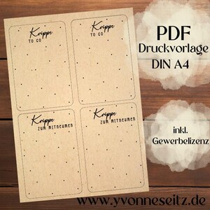 May include: A sheet of kraft paper labels with black text and dotted details. The labels are rectangular with rounded corners. The text includes "Krippe TO CO" and "Krippe ZUM MITNEUMEN". The sheet also has the text "PDF Druckvorlage DIN A4".